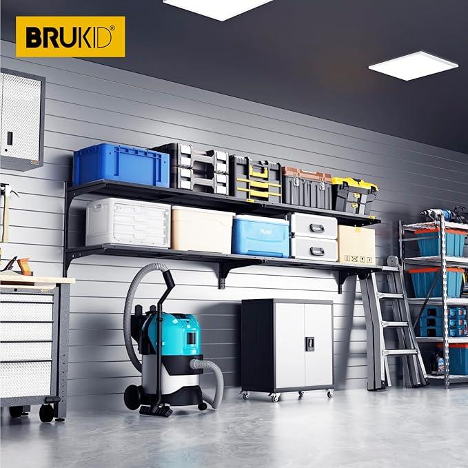 2-Pack 2 Tier 1.3x4ft Garage Shelving Wall Mounted, 800 lbs Load Capacity，15.6x48inch per Shelf Height Cassette Adjustable Floating Shelves(Black)-VerdiqueGarden