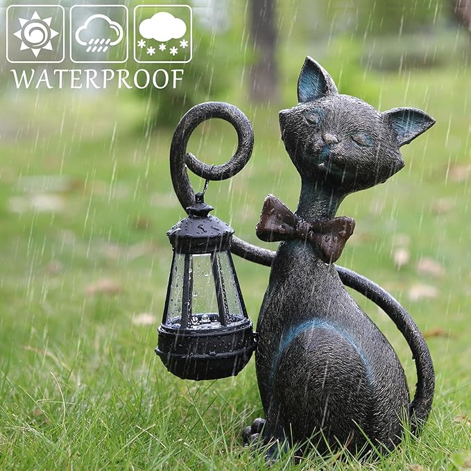 Whimsical Solar Cat Statue Decor with Solar Lantern - Unique Outdoor Spring Garden Decor for Patio, Balcony and Yard Art Lights - Ideal Mothers Day Birthday Gifts for Mom,Grandma,Women and Cat Lovers-VerdiqueGarden
