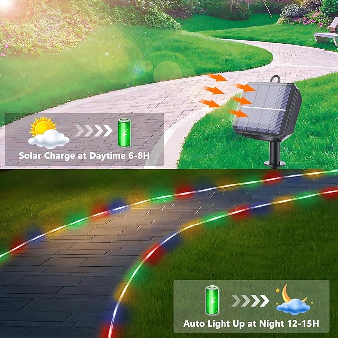 Solar Rope Lights, 2 Packs 66ft 200LED Solar String Lights, 8 Modes Waterproof Solar Powered Outdoor Light, Flexible Clear Tube Light for Garden Backyard Patio Deck Pool Tree Decorations- Multicolor-VerdiqueGarden