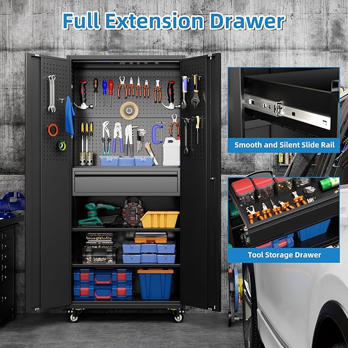 Metal Garage Cabinet with Wheels,71''H Rolling Lockable Steel Tool Cabinet with Pegboard & 1 Drawer for Garage,Home,Office Assembly Required,Black/Red-VerdiqueGarden