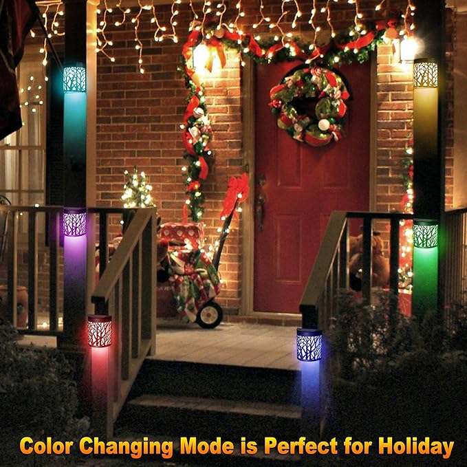DenicMic Solar Wall Lights Outdoor Wall Sconce Fence Lighting for Patio Front Door Yard Deck Stair Led Forest Decorative Lamps, Waterproof, Warm White/Color Changing (4 Pack)-VerdiqueGarden