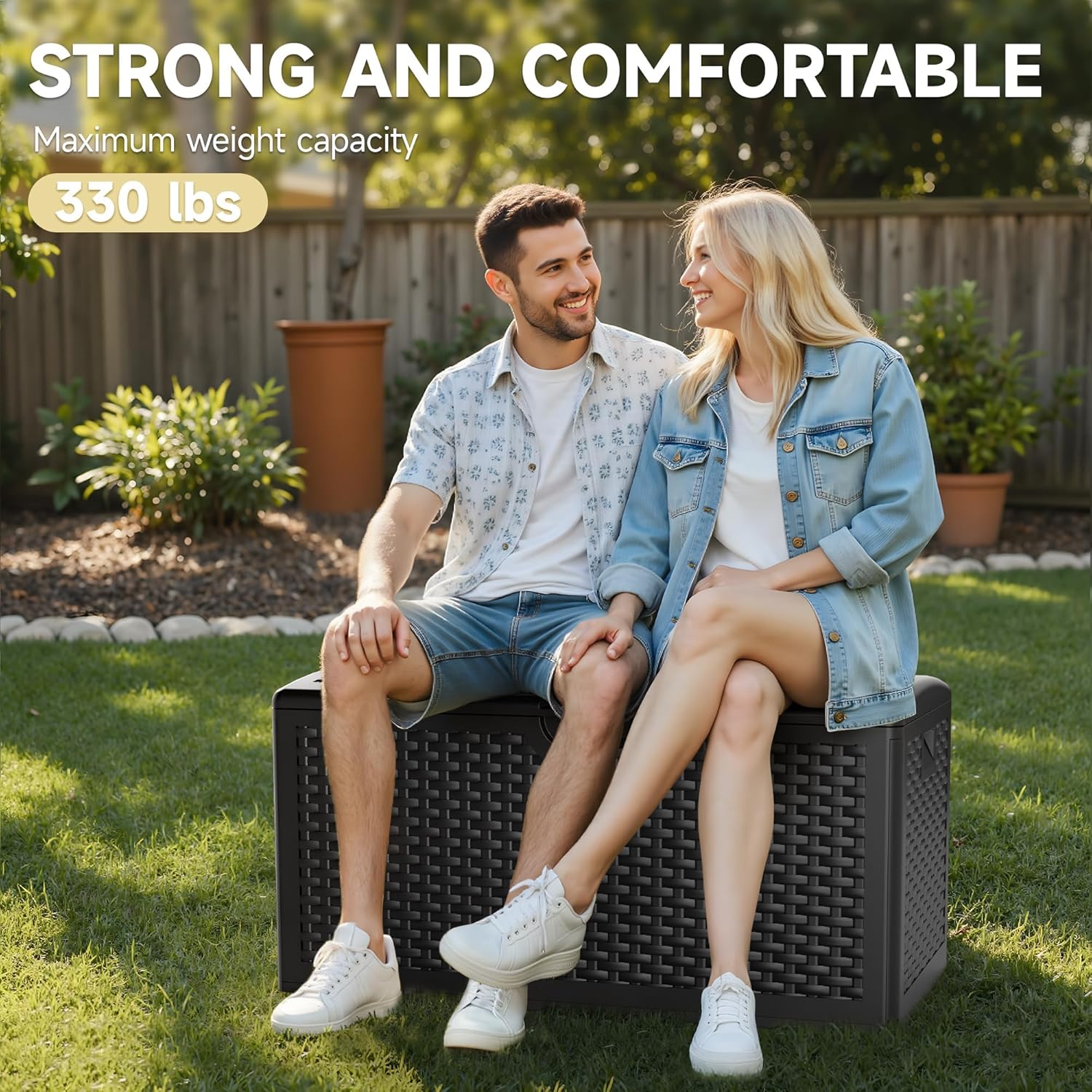 80 Gallon Deck Box, Double Layer Waterproof Resin Outdoor Indoor Storage Box, Lockable & UV Resistant Storage Bin for Patio Furniture, Garden Tools, Pool Accessories (Black)-VerdiqueGarden