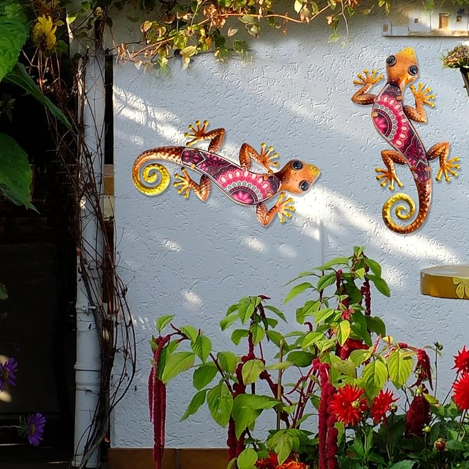 HONGLAND Metal Outdoor Wall Decor 2Pcs Gecko Wall Decoration Lizard Metal Hanging Wall Art Glass Sculpture for Garden Yard Patio Fence (Red)…-VerdiqueGarden