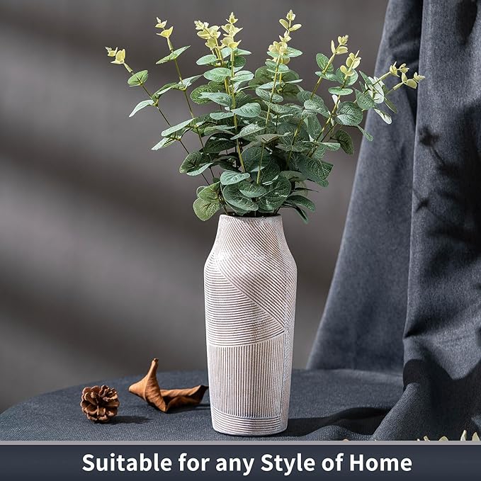 Vintage Ceramic Flower Vase, Terracotta Farmhouse Decorative Rustic Stone Clay Floral Vase, Concrete Grey Home Decor for Living Room, Entryway, Kitchen, Bedroom, Bathroom and Shelf 9.6 Inch-VerdiqueGarden