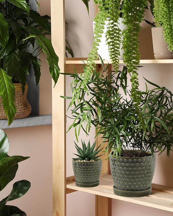 Plant Pots, Flower Pots, Planters for Indoor Plants(6.5+5.5inch), Flower Pots for Indoor Plants with Drainage Hole and Saucer, Ceramic Pots for Plants with Hole Mesh Pad,Reactive Glaze Green-VerdiqueGarden