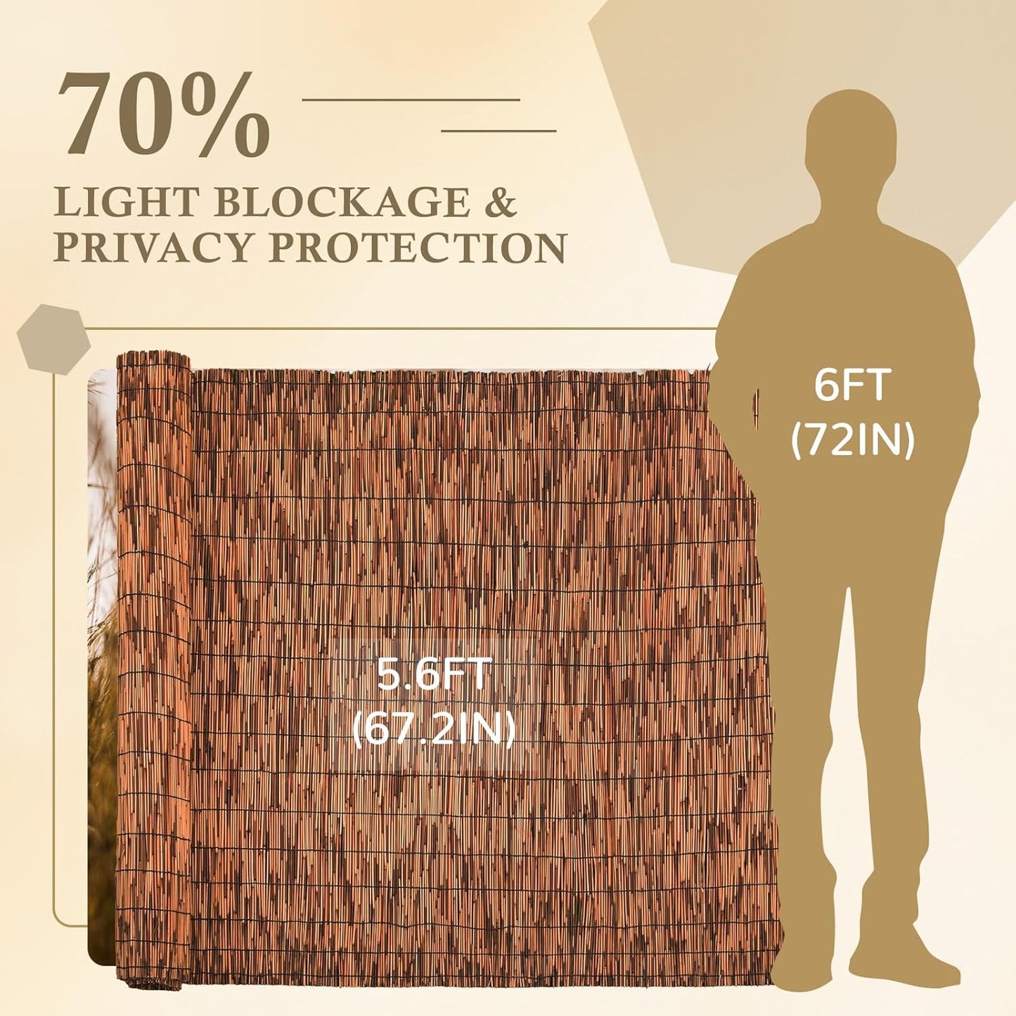 Brown 5.6FT X 16.4FT Reed Fencing Roll, Balcony Privacy Reed Shade Bamboo Fencing Garden Fence Border, Wind Block Sunshade Fence Screen for Outdoor Yard Patio Flower Bed Edge-VerdiqueGarden