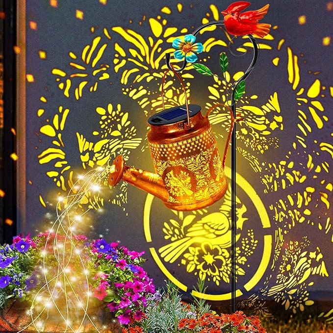 Solar Lights Outdoor Garden Decor, Cardinals Hanging Waterproof Watering Can Lights Outside Decorations for Yard Front Porch Patio Backyard Gift for Mom Grandma Women Birthday （with Shepherd Hook）-VerdiqueGarden
