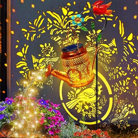 Solar Lights Outdoor Garden Decor, Cardinals Hanging Waterproof Watering Can Lights Outside Decorations for Yard Front Porch Patio Backyard Gift for Mom Grandma Women Birthday （with Shepherd Hook）-VerdiqueGarden