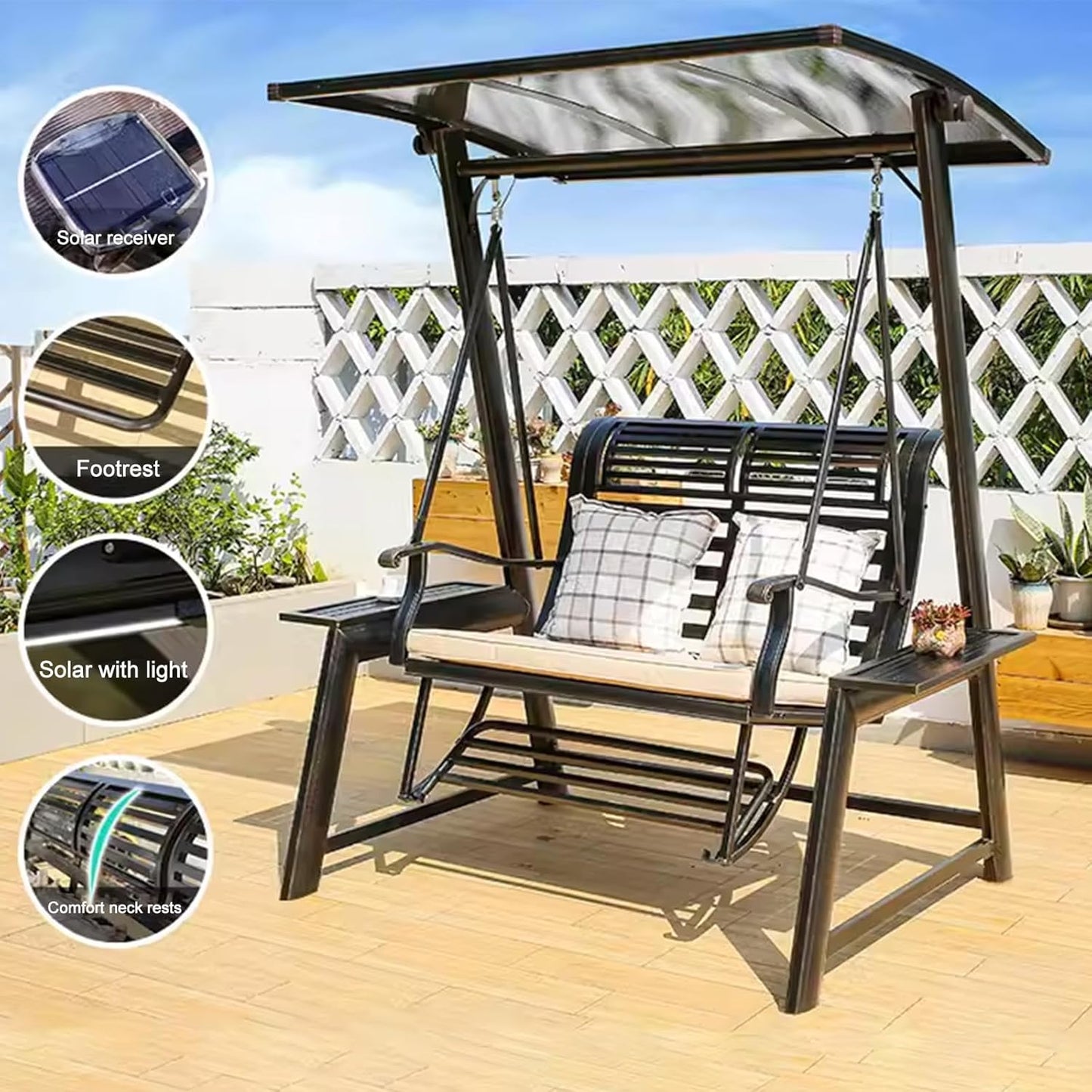2/3-Seat Outdoor Patio Porch Swing with Adjustable Aluminum Alloy Canopy Solar Patio Swing Chair Bench with Footrest Side Cup Holder for Backyard Lawn (Heart of Ocean-2 Seat)-VerdiqueGarden
