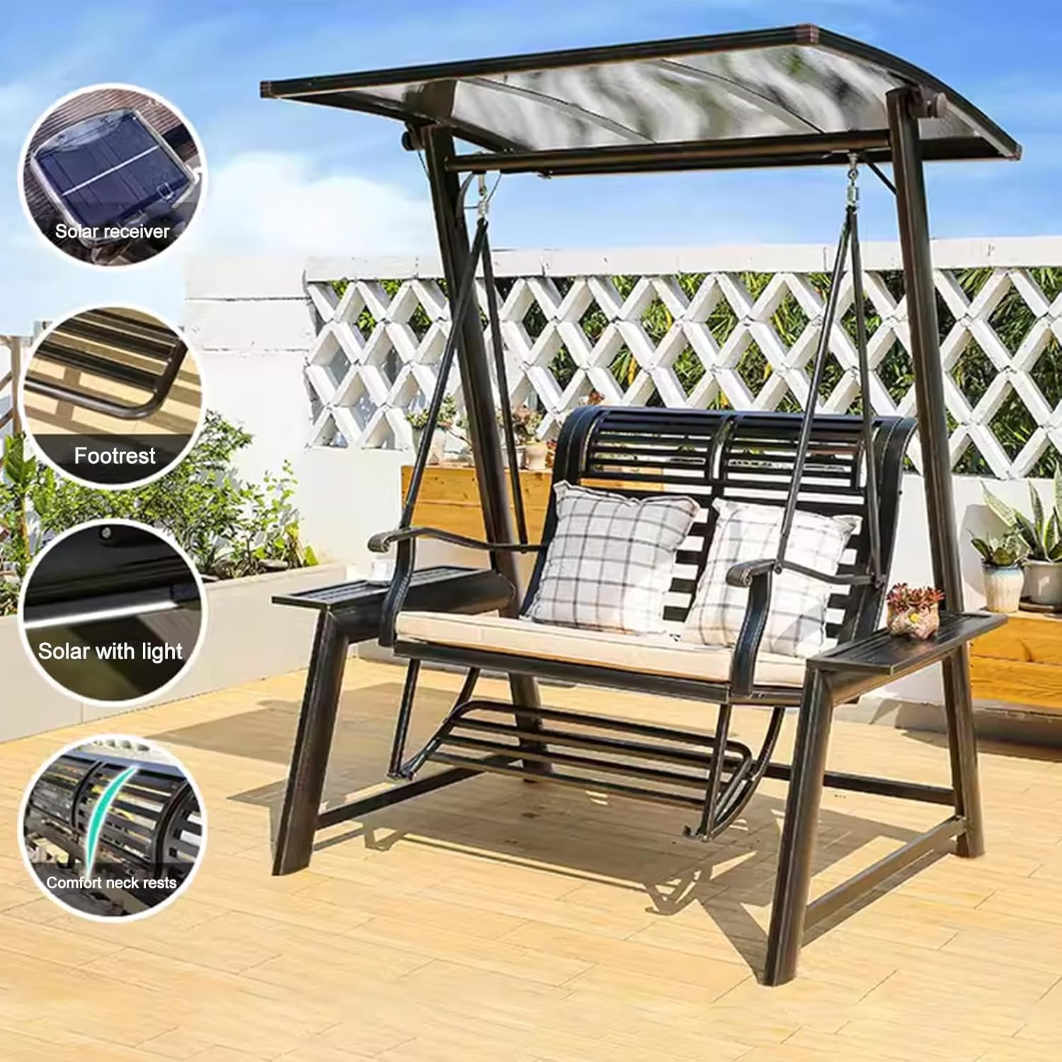 2/3-Seat Outdoor Patio Porch Swing with Adjustable Aluminum Alloy Canopy Solar Patio Swing Chair Bench with Footrest Side Cup Holder for Backyard Lawn (Heart of Ocean-2 Seat)-VerdiqueGarden