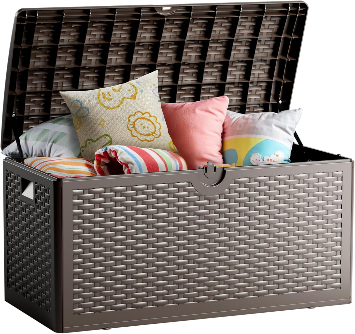 80 Gallon Deck Box, Double Layer Waterproof Resin Outdoor Indoor Storage Box, Lockable & UV Resistant Storage Bin for Patio Furniture, Garden Tools, Pool Accessories (Brown)-VerdiqueGarden