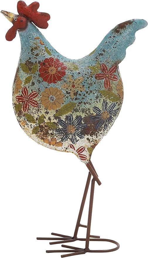 Deco 79 Metal Rooster Decorative Garden Sculpture Indoor Outdoor Distressed Standing Garden Statue with U Shaped Feet, Outdoor Sculpture 10" x 5" x 17", Green-VerdiqueGarden