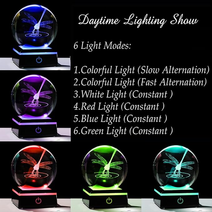 Qianwei Dragonfly Gifts for Women 3D Crystal Ball 3.14'' - Laser Dragonfly Decor Glass Animals Dragonfly Gifts Figurines Statue Stuff for Room Decorations Dragonfly Night Light-VerdiqueGarden
