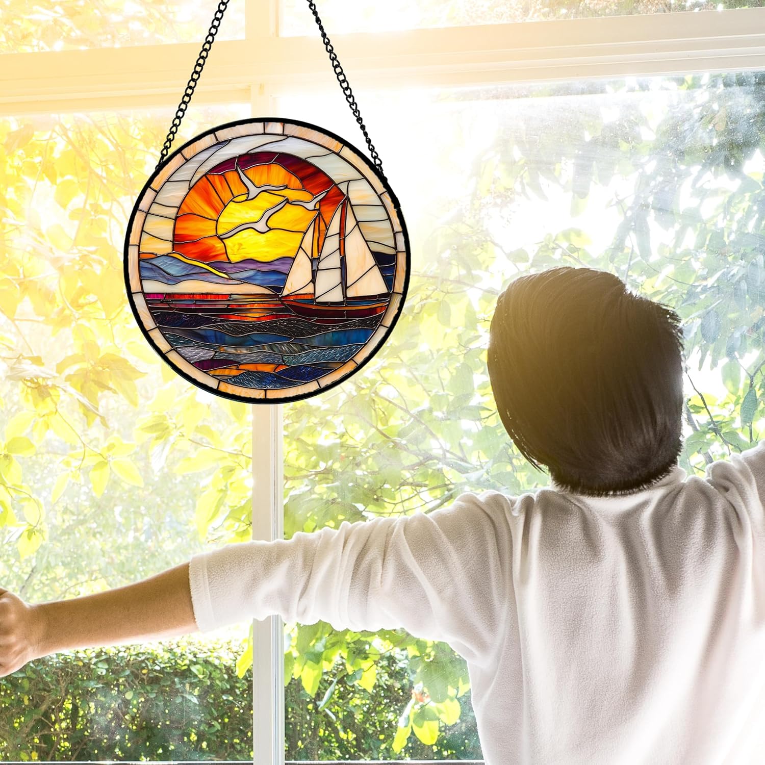 Stained Glass Window Hanging, Sun Ocean Sailboat Seagull Abstract Suncatcher Diamond Glass Panel Sun Catchers Decor for Birthday for Women, Men, Wife, Aunt, and Mom 7.8 in-VerdiqueGarden