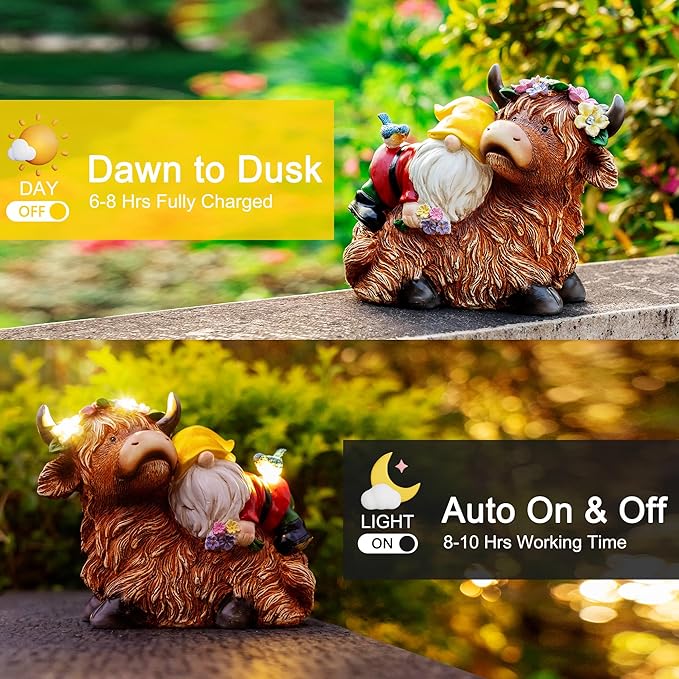 Garden Gnome Statue - Highland Cow with Solar Flower LED Lights and Bird - Funny Outdoor Decor for Table, Patio, Lawn - Unique Birthday Gifts for Mom, Women, and Christmas Decorations-VerdiqueGarden