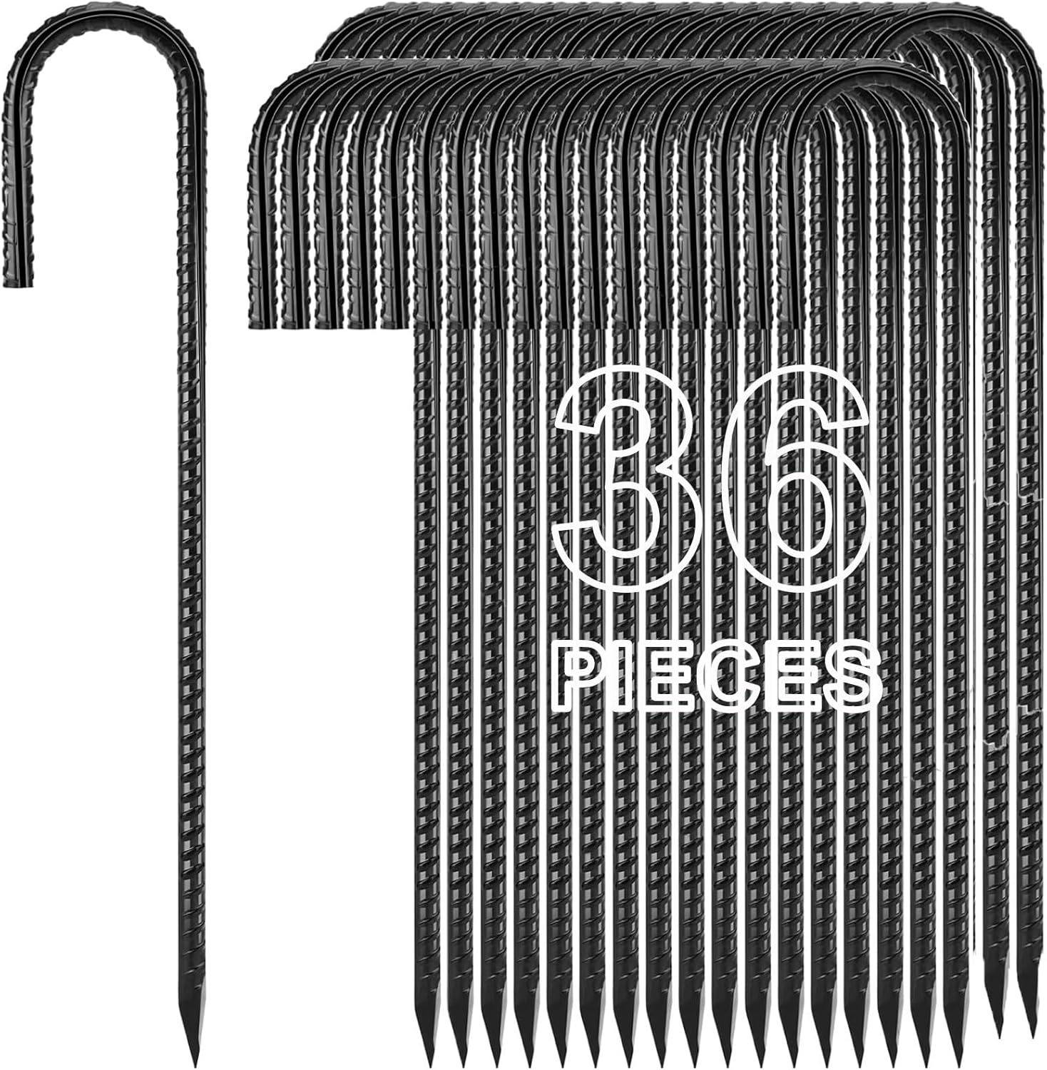 12 inches Ground Stakes 36-Pack J Hook Rebar 5/16" Diameter Tent Stakes Heavy Duty Metal Stake for Outdoor Decorations, Yard Inflatables and Chain Link Fence-VerdiqueGarden