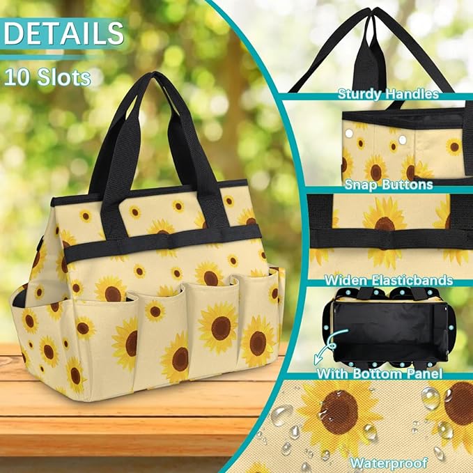 Sunflower Gardening Tool Bag,Heavy Duty Garden Tote Bag,Portable Oxford Gardening Storage Basket Organizer Handbag with Pockets Handle,Hand Tools Gifts for Outdoor Garden Lawn Yard-VerdiqueGarden
