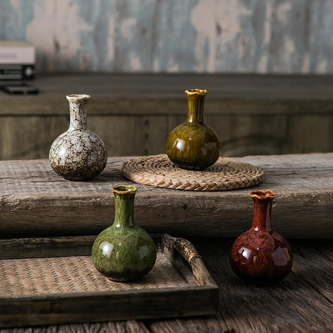 JOJUNO Glazed Rustic Bud Vase Set of 4 - Small Ceramic Mini Pottery Vases in White, Yellow, Green, Red - Ideal for Fresh & Dried Flowers - Modern Farmhouse Décor for Living Room, Shelves, Dining Table-VerdiqueGarden