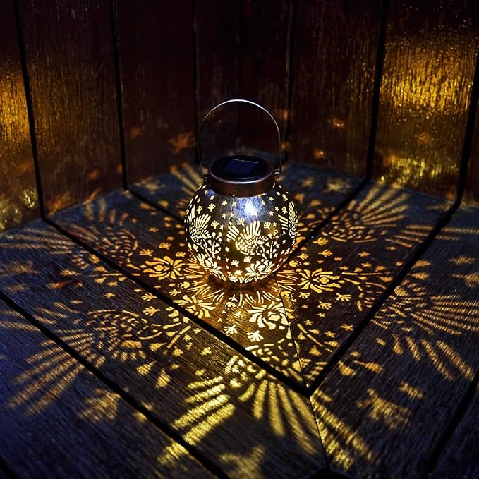 2 Pack Outdoor Solar Hanging Lantern Lights Metal LED Decorative Lamp for Garden Patio Courtyard Lawn and Table with Hollowed-Out Design (Bronze Hummingbird)-VerdiqueGarden