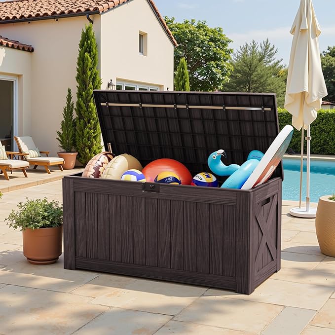 Greesum 120 Gallon Outdoor Storage Box with Lock - Large Resin Deck Box, Reinforced Lid for Garden, Patio, Lawn, Brown-VerdiqueGarden