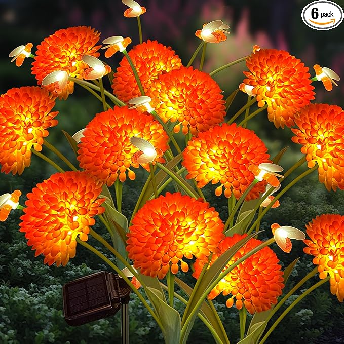 Solar Garden Lights, 6 Pack Swaying Bee Lights With Flowers, Waterproof Firefly Lights Outdoor for Garden Patio Yard Pathway Decoration, Gifts for Women Mother's Day-VerdiqueGarden