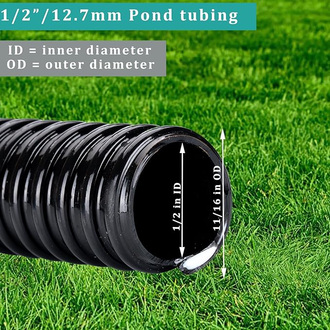 Pond Tubing ID 1/2” × 10ft Black Corrugated Flexible Reinforced Waterfall Pond Tube Sump Pump Hose, Non-toxic & Kinkproof (10 ft, 1/2" ID)-VerdiqueGarden