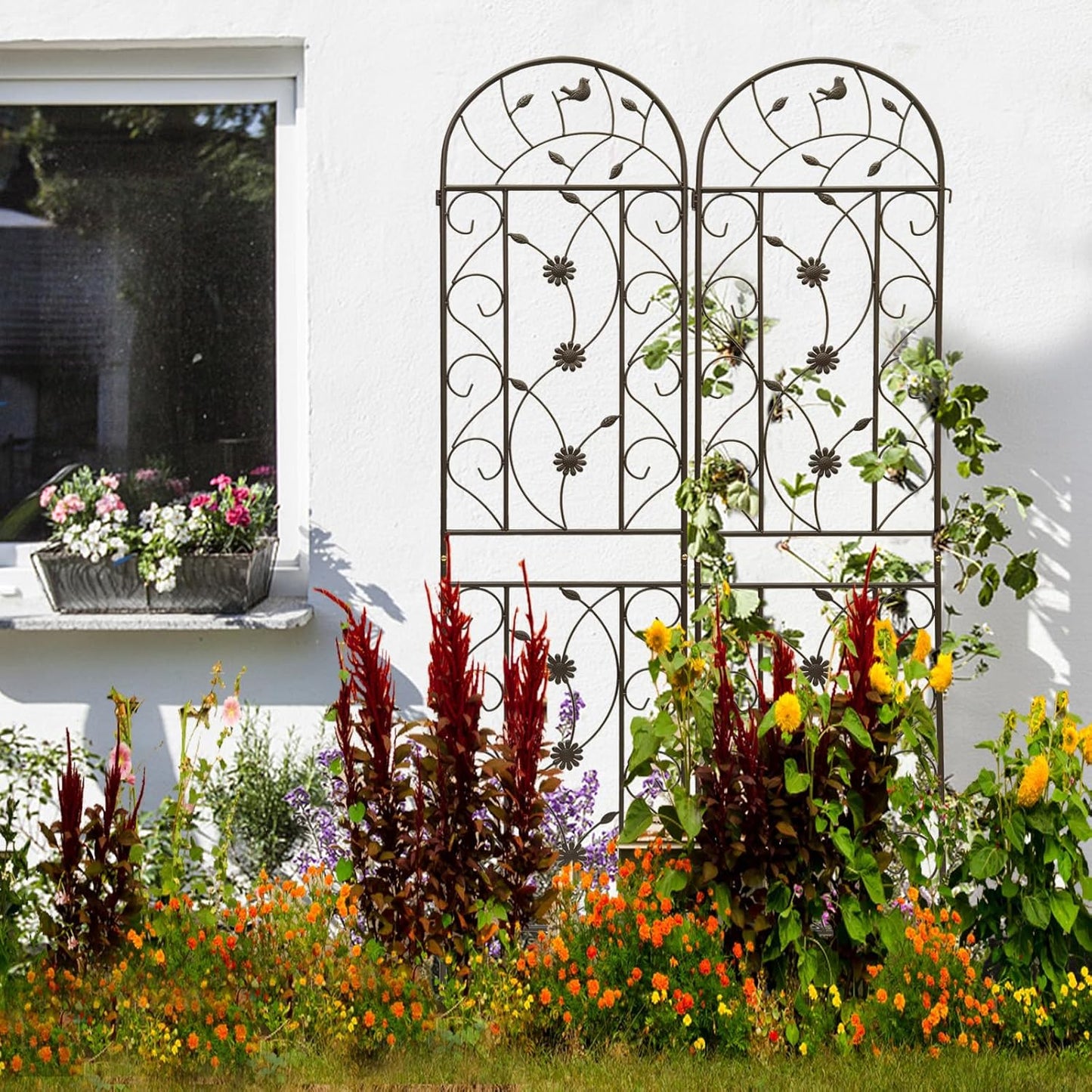 4 Pack Metal Garden Trellis 86.7" Tall Outdoor Climbing Plant Support for Roses, Flowers, Rustproof Durable Brown Galvanized Tube, Lawn Garden Fence Decor Screen (4, Retro-86.7" H)-VerdiqueGarden