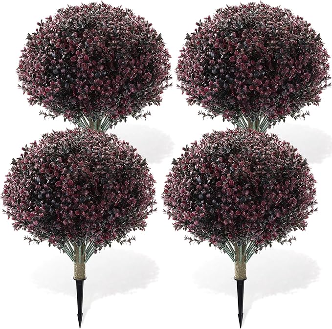 Yunlly 4 Pack 18" Artificial Boxwood Ball Bush Topiary Trees Fake Outdoor Plants, Realistic UV Resistance Faux Shrubs with Spike Greenery Topiary for Front Porch Garden Yard Patio Indoor (Dark Purple)-VerdiqueGarden