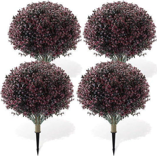 Yunlly 4 Pack 18" Artificial Boxwood Ball Bush Topiary Trees Fake Outdoor Plants, Realistic UV Resistance Faux Shrubs with Spike Greenery Topiary for Front Porch Garden Yard Patio Indoor (Dark Purple)-VerdiqueGarden