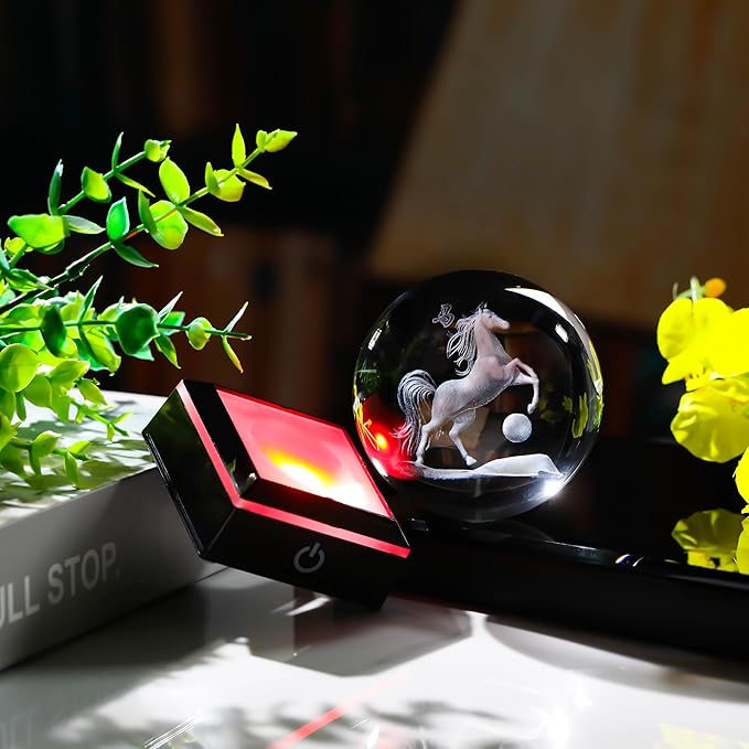 Qianwei Horse Gifts for Women 3D Crystal Ball 3.14'' - Laser Horse Decor Glass Animals Horse Gifts Figurines Statue Stuff for Room Decorations Horse Night Light-VerdiqueGarden