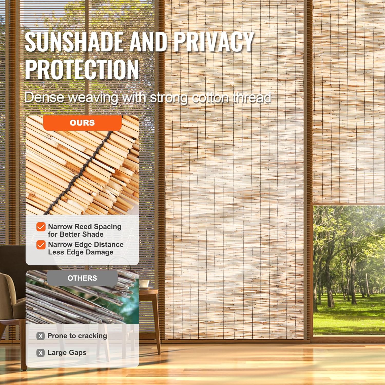 VEVOR Natural Reed Fencing, 4 ft x 16.4 ft, Reed Screen Curtain Balcony Reed Fence Roll for Outdoor Backyard Patio, Decorative Fence for Backyard Garden Fencing Divider, Privacy Screen Panel, Natural-VerdiqueGarden