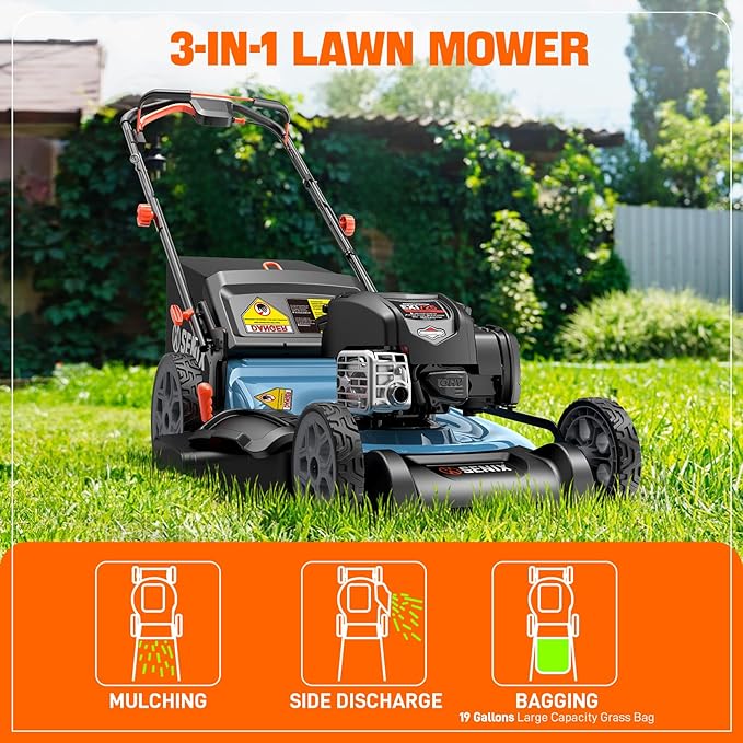 SENIX LSSG-H2 22-Inch Self Propelled Gas Lawn Mower with 163 cc 4-Cycle Engine, 3-in-1 Rear Wheel Drive Variable Speed Lawnmower, 6-Position Height Adjustment-VerdiqueGarden