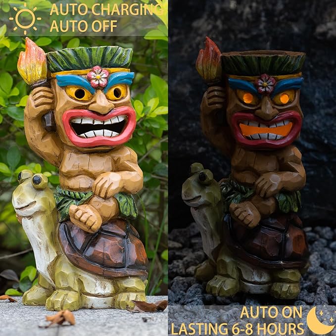 Solar Tiki Statue Light-Garden Turtles Outdoor Decor - Tiki Man Riding Turtle with Tiki Torch Solar Light for Tiki Bar Decorations, Patio, Balcony, Yard,Lawn,Gifts-VerdiqueGarden