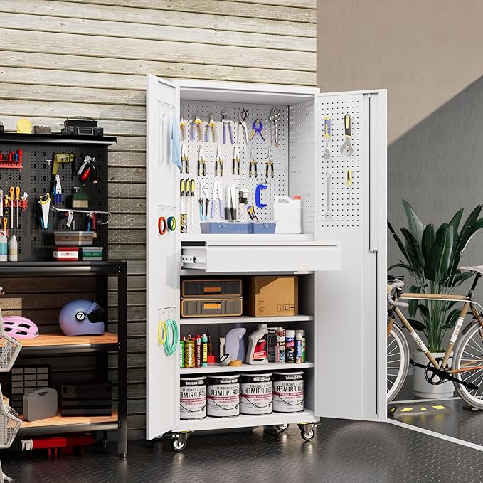 Metal Garage Cabinet with Wheels,71''H Rolling Lockable Steel Tool Cabinet with Pegboard & Drawer for Garage,Home,Office Assembly Required,White-VerdiqueGarden