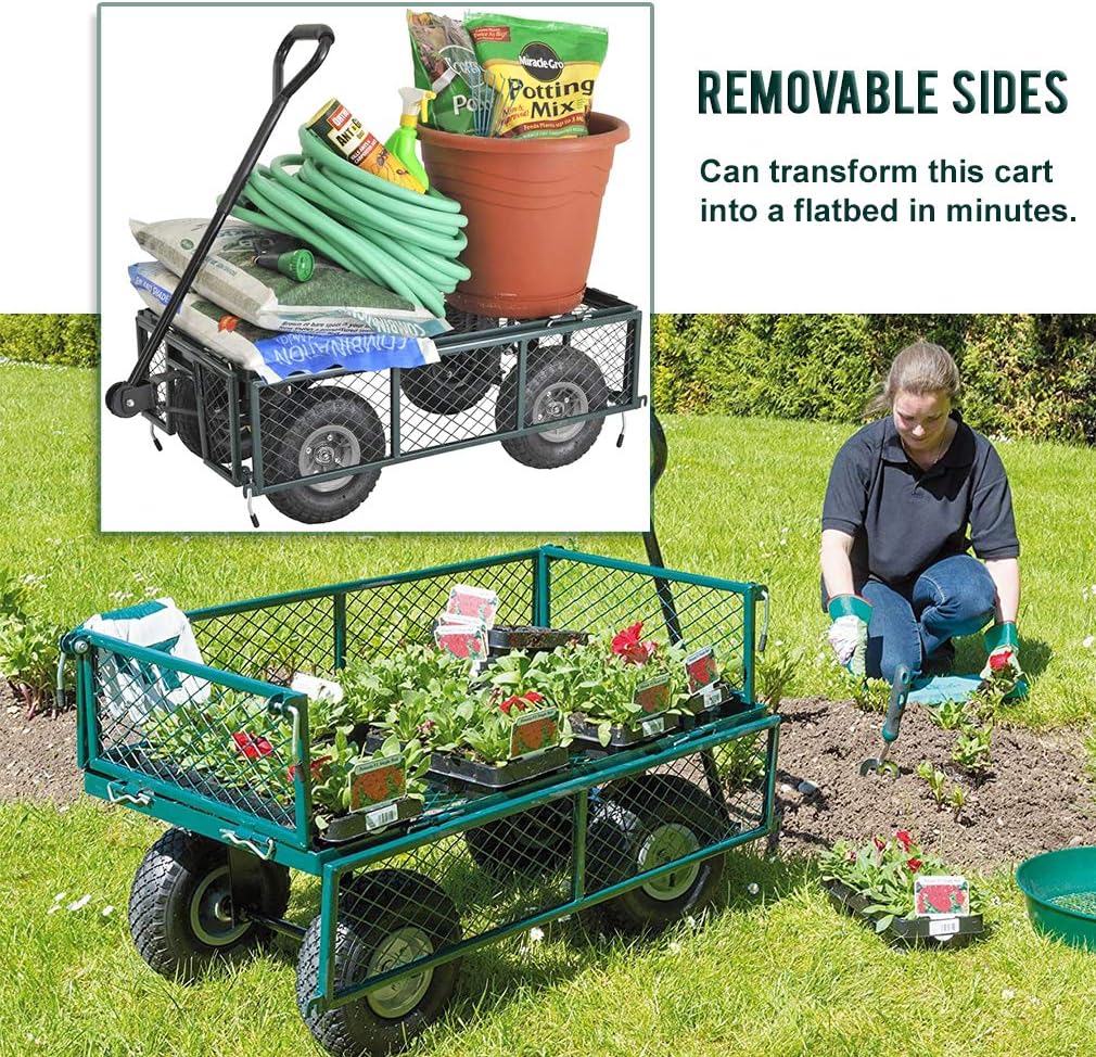 BestMassage Heavy Duty 500 Lbs Capacity Mesh Steel Garden Cart Folding Utility Wagon with Removable Sides for Beach Lawn Yard Landscape (Deep Green)-VerdiqueGarden