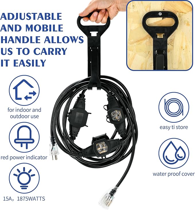 20FT 16 Gauge Multi-Outlet Extension Cord, 4 Evenly Spaced Weatherproof Outlets, Great for Stage Backdrops, Landscape Garden Lighting, Christmas Decorations ETL-VerdiqueGarden