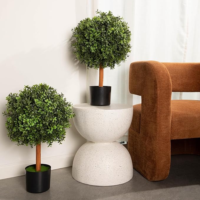 Premium 14" Diameter Artificial Boxwood Topiary – Set of 2 Faux Plants in Black Decorative Planters – UV-Resistant, Weatherproof, Realistic Outdoor & Indoor Greenery Accent-VerdiqueGarden