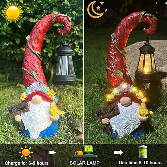 Gnome Garden Decor Statue Solar Lights Outdoor Decor with Succulent and 6 LED Lights,for Balcony,Garden,Patio,Yard,Lawn,Housewarming Birthday Gifts for Women/Mom/Grandma-VerdiqueGarden