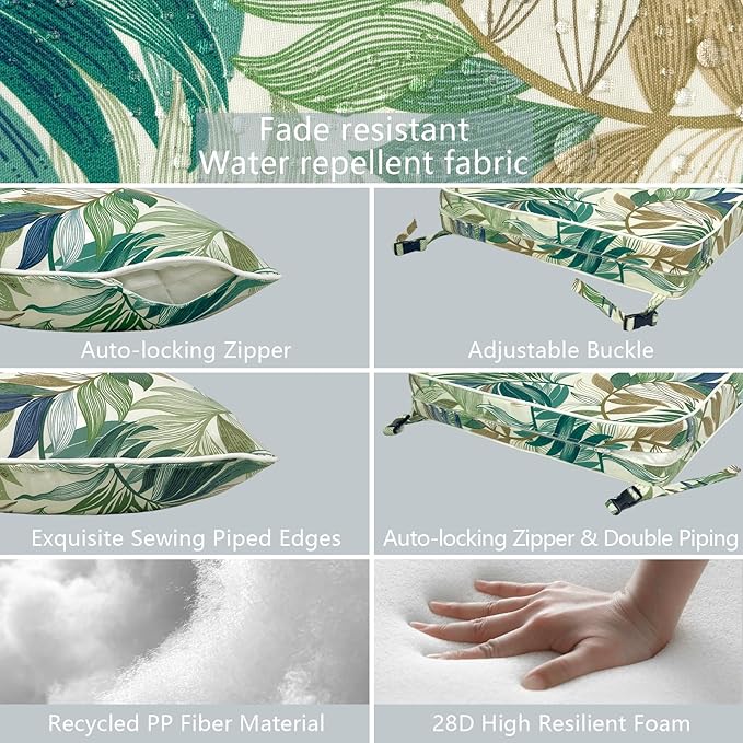 LVTXIII Outdoor Deep Seat Cushion Patio Seat and Back Cushion Set Seasonal Chair Cushion for Dining Arm Chairs, Wicker Chairs and Garden Furniture Decoration, 24"x24"x4", Lush Leaf Green-VerdiqueGarden