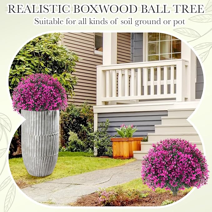 Yunlly 2 Pack 18" Artificial Boxwood Ball Bush Topiary Trees Fake Outdoor Plants, Realistic UV Resistance Faux Shrubs with Spike Greenery Topiary for Front Porch Garden Yard Patio Indoor (Fuchsia)-VerdiqueGarden