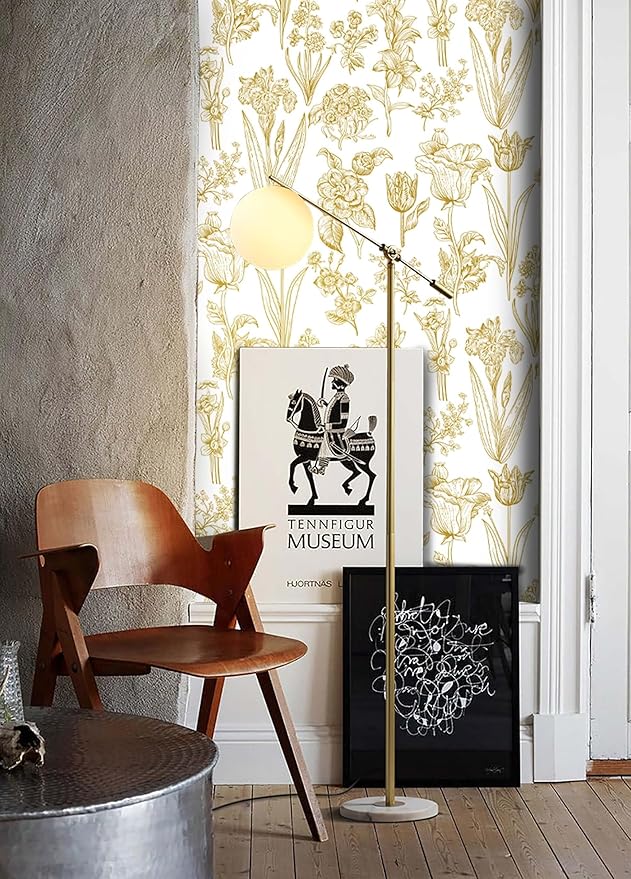 Dimoon 393"x17.3" Floral Wallpaper Peel and Stick Flowers Golden White Contact Paper Thicken Waterproof Modern Self Adhesive Plants Wallpaper Removable Wall Paper Shelf Vinyl Roll-VerdiqueGarden