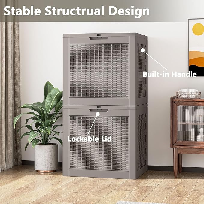 NUNU LAB 30 Gallon Waterproof Resin Deck Box, Lockable Outdoor & Indoor Storage Bench for Patio Cushions, Garden Tools, Pool Accessories & Package Deliveries – Grey-VerdiqueGarden