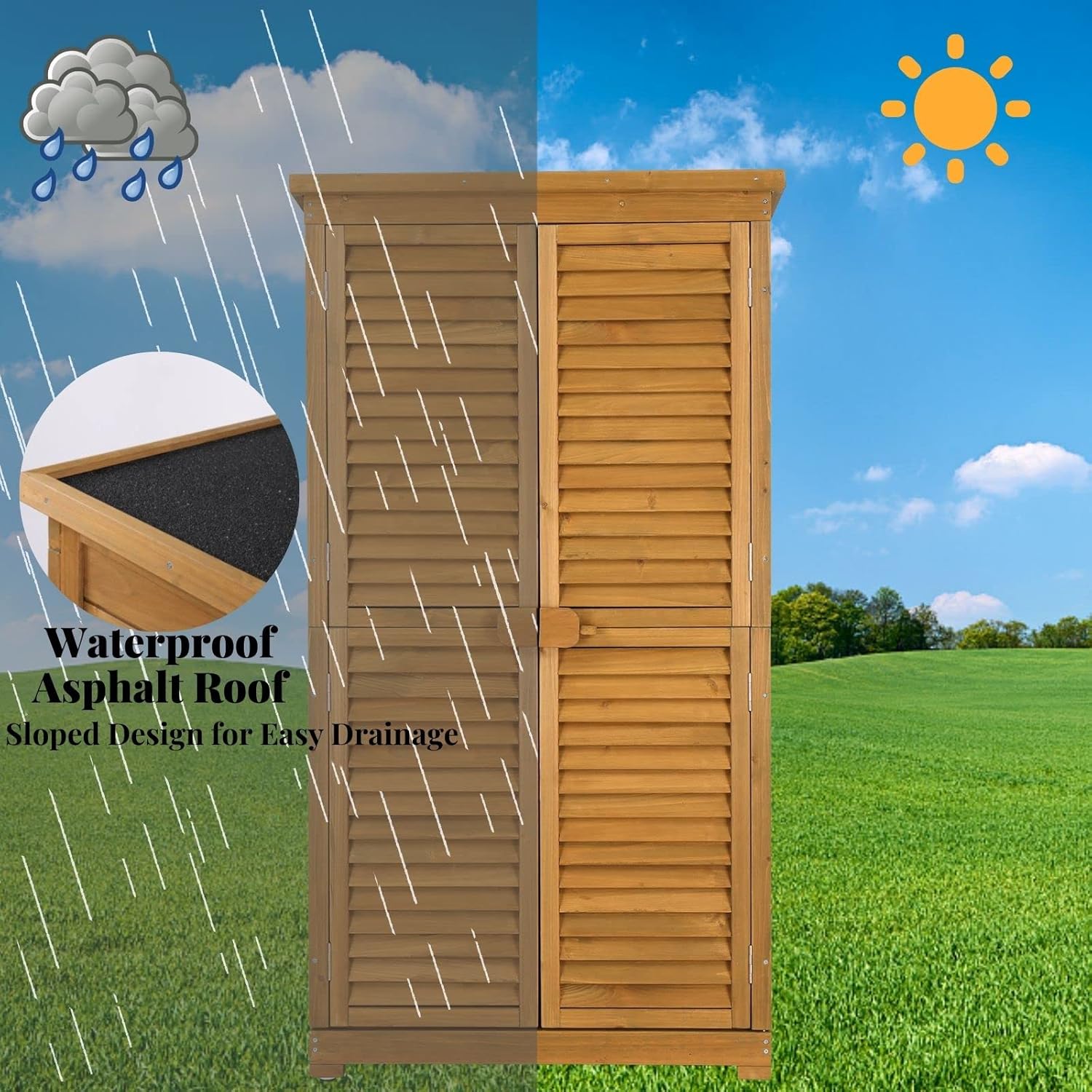 Outvita Outdoor Storage Cabinet, 63in Wooden Garden Tools Shed with 2 Lockable Doors, 3 Adjustable Shelves, Waterproof Roof for Yard Garge Patio Deck Porch, Natural-VerdiqueGarden