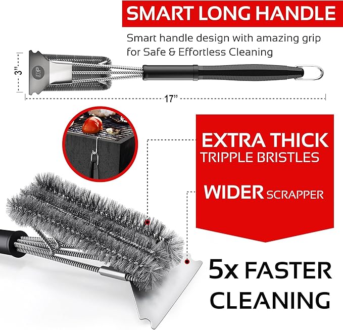 KITCHEN PERFECTION Safe Wire Grill Brush for Outdoor Grill w/Grill Scraper & Grill Mat Grill Cleaning Kit -Extended Handle BBQ Brush for Effortless Grill Cleaning Grill Cleaner Brush Barbecue Tools-VerdiqueGarden