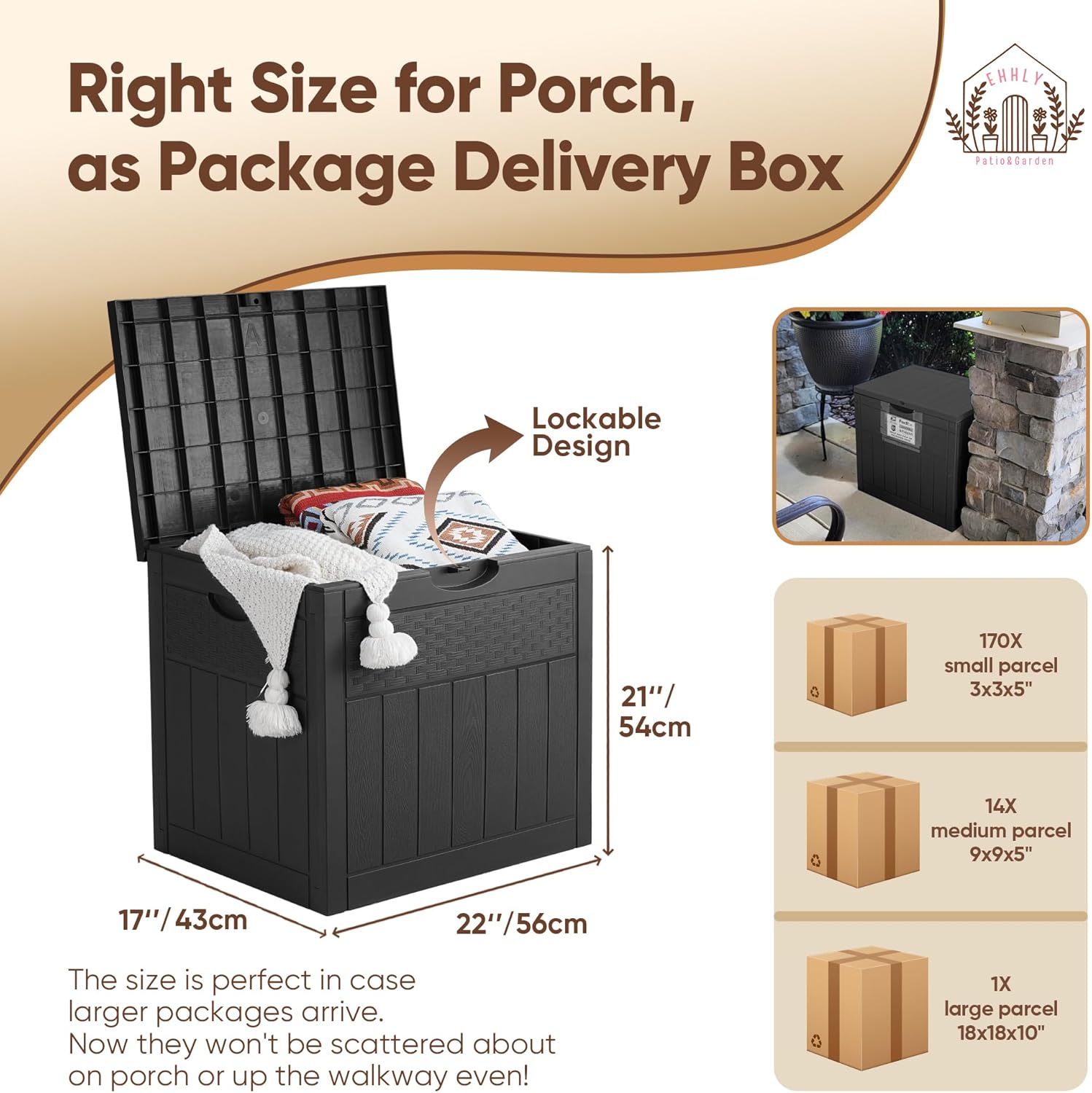 33 Gallon Deck Box, Small Outdoor Storage Box Waterproof, Lockable Secure Package Bin Delivery Box for Outside Front Porch, Patio Cushions Storage Box, Delivery Driver Snack Box for Porch, Black-VerdiqueGarden