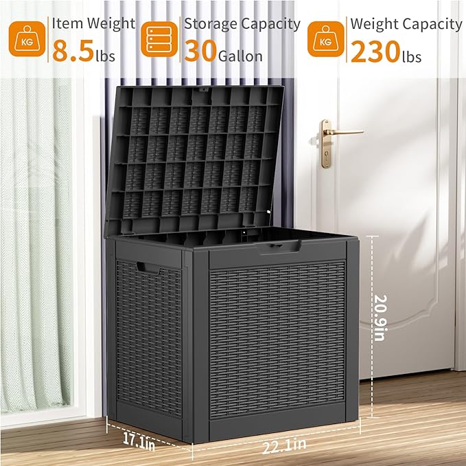 30 Gallon Resin Deck Box, Lockable Patio Outdoor Storage Box for Furniture, Garden Tools and Tools Storage, Waterproof Outside Storage Boxes - Black-VerdiqueGarden