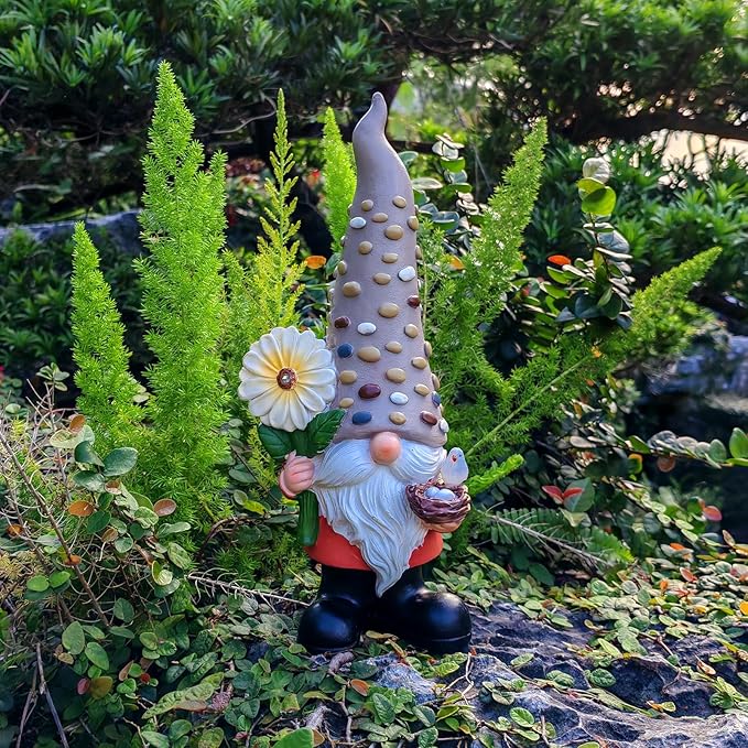 12 Inch Solar Garden Gnome Statue Clearance with Sunflower and Bird's Nest Light – Outdoor High Hat Gnome Sculpture Outdoor Statue for Patio and Garden Decor – Figurine Gift for Gnome Lovers-VerdiqueGarden