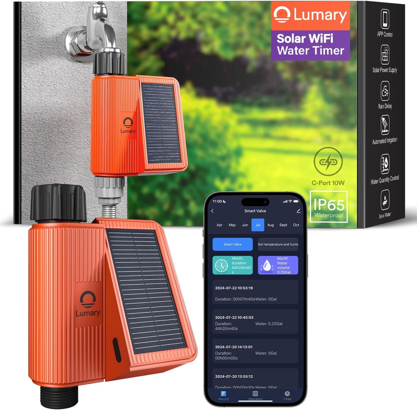 Lumary Solar WiFi Sprinkler Timer with Flow Monitor, Smart Water Timer for Garden Hose, Remote Control with App/Alexa via 2.4Ghz, Auto Irrigation Controller for Lawns Yard, Support C-Port Charging 10W-VerdiqueGarden