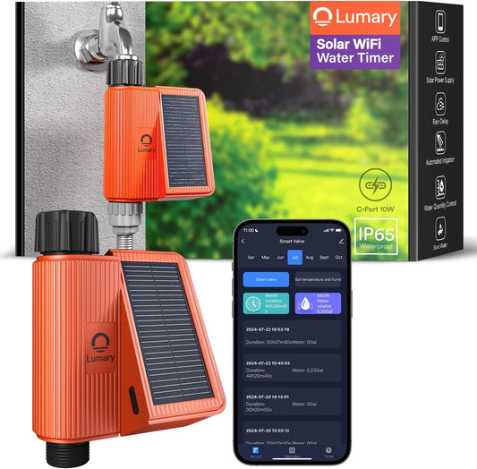 Lumary Solar WiFi Sprinkler Timer with Flow Monitor, Smart Water Timer for Garden Hose, Remote Control with App/Alexa via 2.4Ghz, Auto Irrigation Controller for Lawns Yard, Support C-Port Charging 10W-VerdiqueGarden