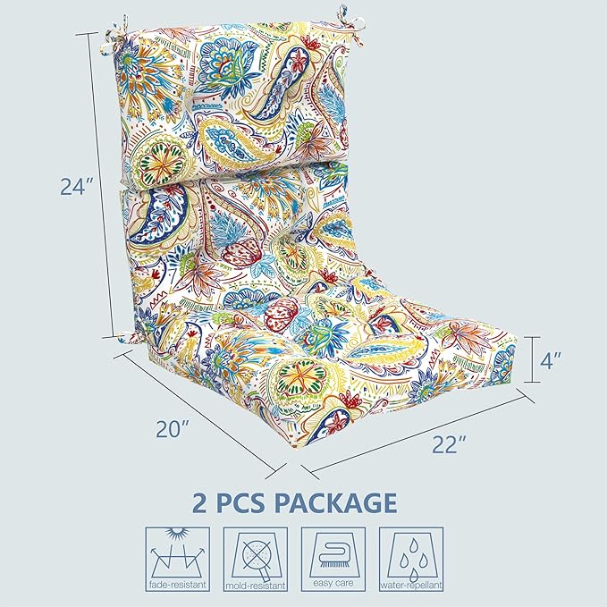 LVTXIII 2 Pack Outdoor/Indoor High Back Chair Cushions, Deep Seat Patio Seat and Back Cushion Set, Stuffed High Rebound Foam Rocking Chair Cushions, 44”x22”x4”, Paisley Chili-VerdiqueGarden